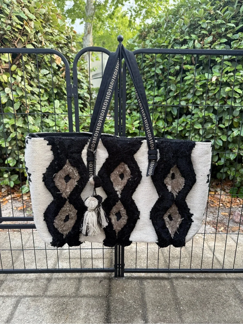Boho Woven Black and Cream Weekender with Tassel Accents